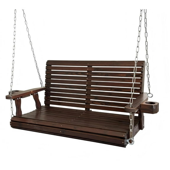 Innovaze 4 Ft Outdoor Wood Porch Swing with Cup Holders, Heavy Duty 800 LBS , All-Weather Resistant, Deep Brown