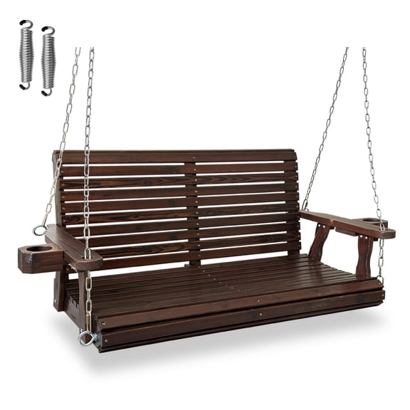 Innovaze 4 Ft Outdoor Wood Porch Swing with Cup Holders, Heavy Duty 800 LBS , All-Weather Resistant, Deep Brown