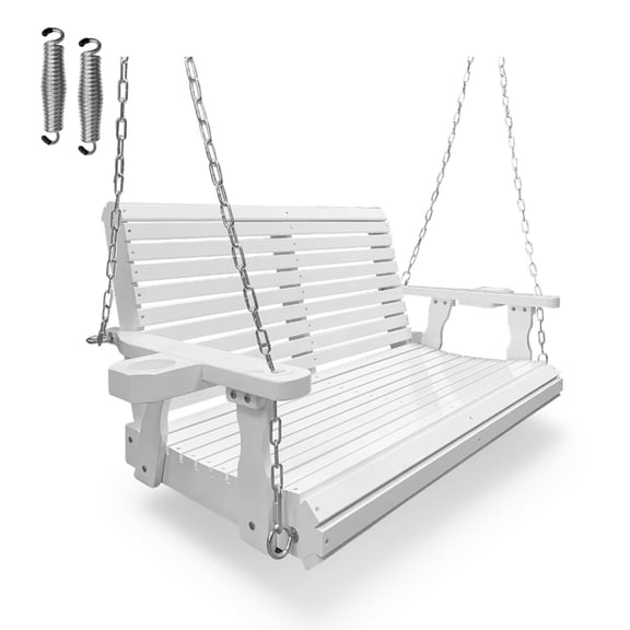 Innovaze 4 Ft Outdoor Wood Porch Swing with Cup Holders,Heavy Duty 880 LBS ,All-Weather Resistant, for Outdoor Patio Garden , White