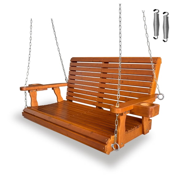 Innovaze 4 ft Wooden Porch Swing with Cup Holders, All Weather-Resistant Outdoor Swing Bench for Patio Garden, Brown