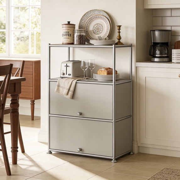 Innovaze 4-Tier Metal Accent Storage Cabinet with Adjustable Shelf, Metal Organizer for Home, Apartment & Office, Beige Gray