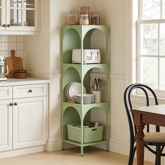 Innovaze 4-Tier Metal Corner Shelf Organizer, Narrow Storage Cabinet & Display Rack for Small Spaces, Home, Apartment, Retail Store & Coffee Shop, Sage Green
