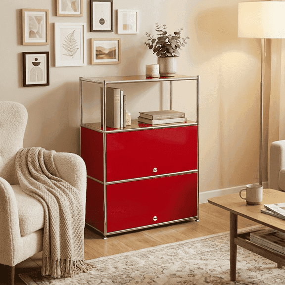 Innovaze 4-Tier Metal Accent Cabinet with 2-door, Adjustable Shelf for Home, Apartment & Office, Red