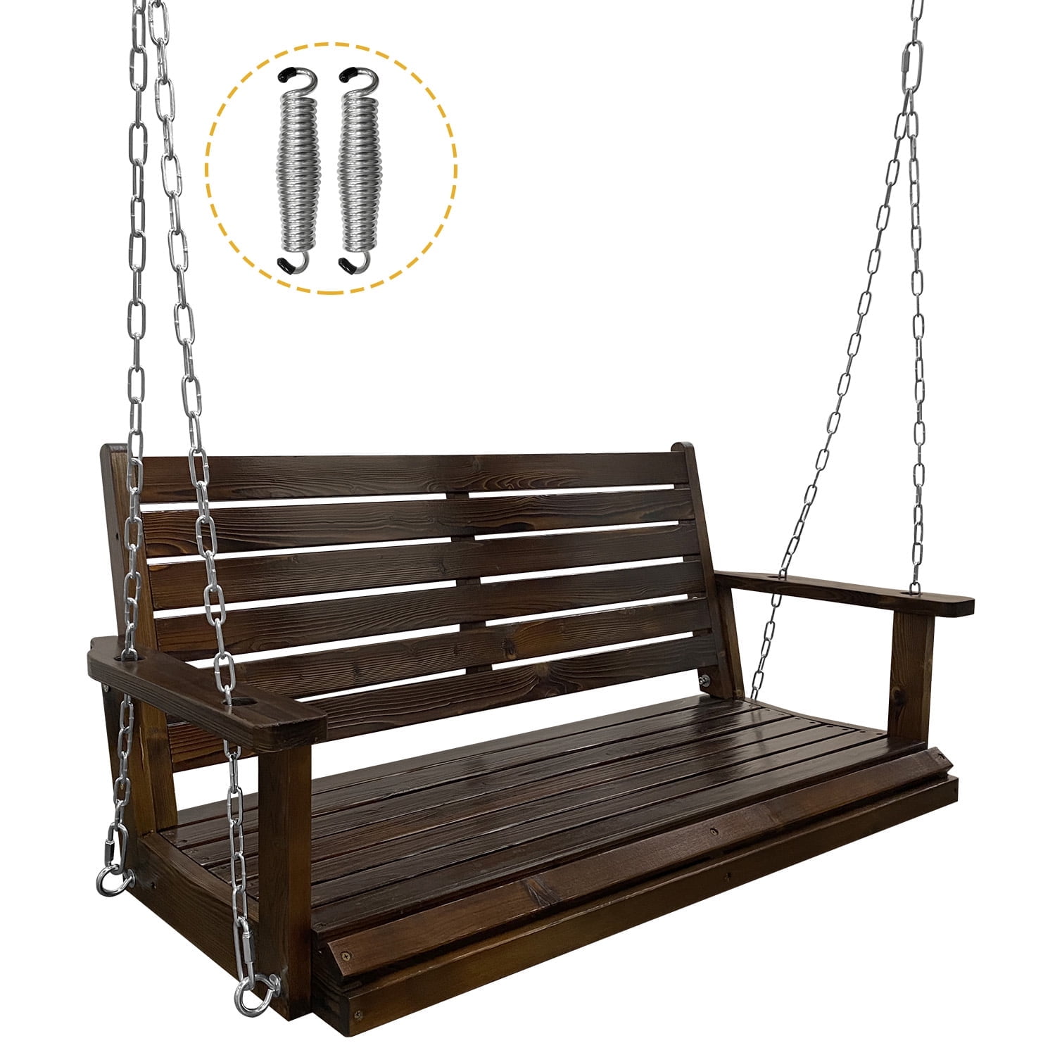 Deep Brown Wooden Porch Swing with Ergonomic Seat and Hanging Chains
