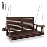 Innovaze 4 ft Wooden Porch Swing with Cup Holders, Outdoor Swing Heavy Duty 880 lbs with Hanging Chains, Deep Brown