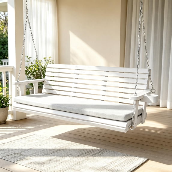 Innovaze 5.5 Ft Wooden Porch Swing with Seat Cushion, Cup Holders, Hanging Chains and 7mm Springs, Heavy Duty 880 LBS (White, 3-Seater )