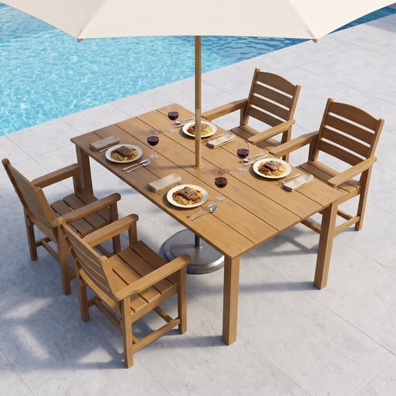Innovaze 5-Piece Outdoor Patio Dining Set, All Weather-Resistant HIPS Dining Chairs and Table with 1.7" Umbrella Hole for Backyard, Deck, Garden, Teak Tone