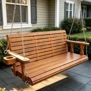 Innovaze 5 ft Outdoor Wooden Porch Swing with Cupholders, Heavy Duty 880 lbs for 3 Seater, All-Weather resistant, Brown
