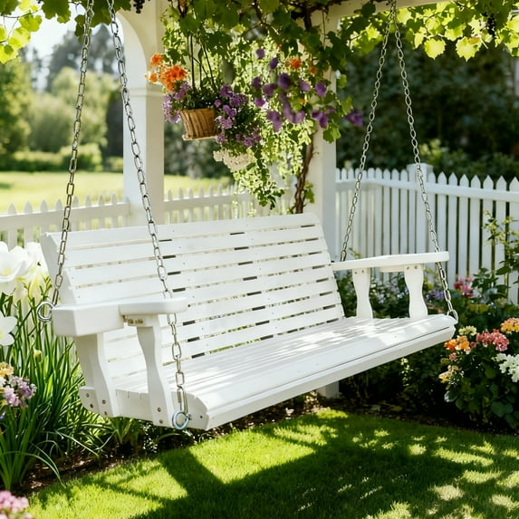 Innovaze 5 Ft Outdoor Wooden Porch Swing with Cupholders, Heavy Duty 880 LBS For 3 Person,All-Weather resistant, White