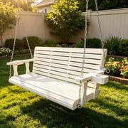 Innovaze 5 Ft Outdoor Wooden Porch Swing with Cupholders, Heavy Duty 880 LBS for 3 Seater,All-Weather resistant, White
