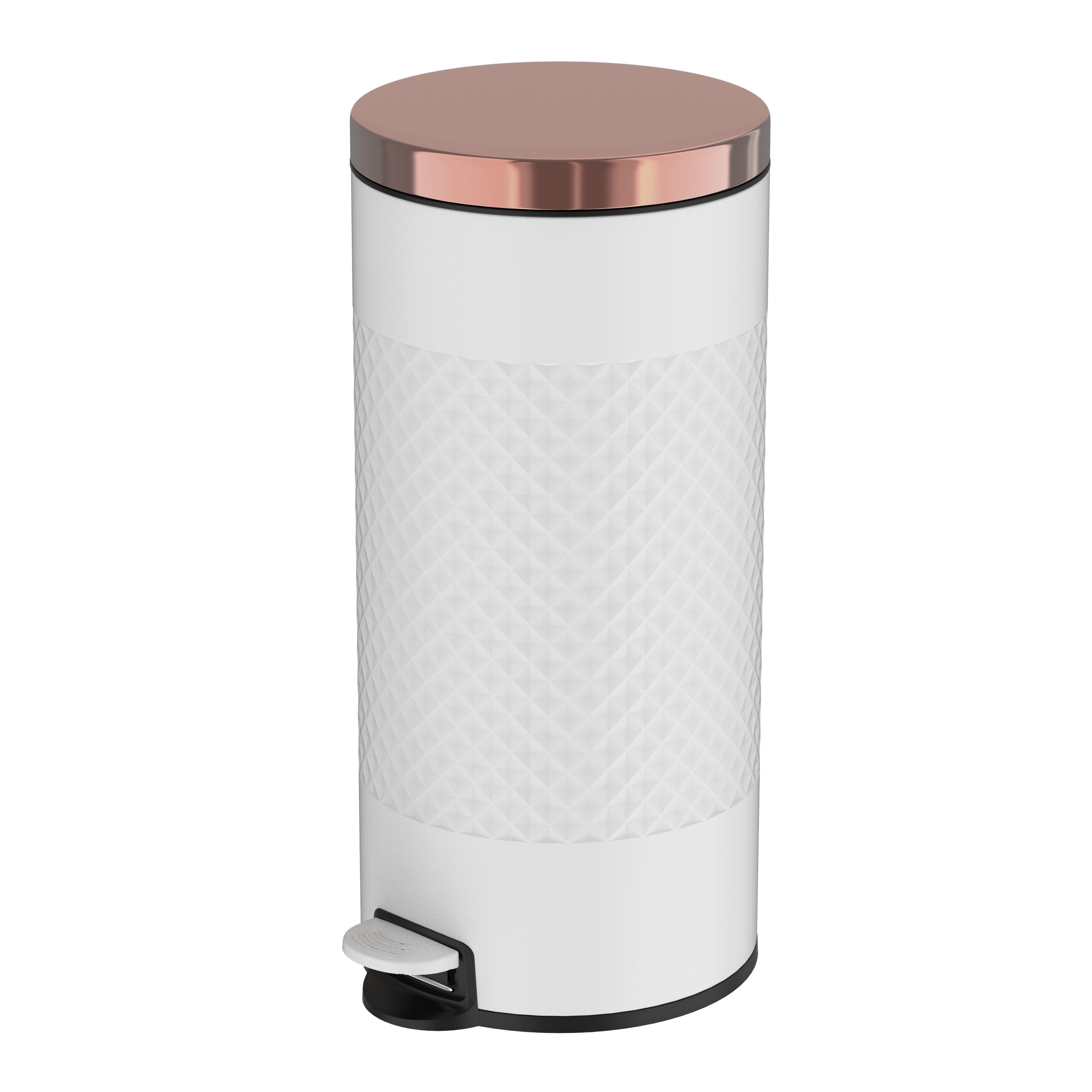 Innovaze 8 Gal. White Metal Round Shape Step-on Kitchen Trash Can with Diamond Body Design. Carbon Steel  White
