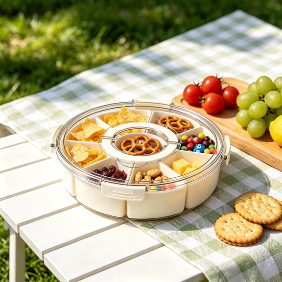 Innovaze 9-Compartment Rotating Snackle Box with Lid and Handle, Divided Serving Tray for Snacks, Fruit, Candy, Veggies and Charcuterie, Portable Snack Container for Party, Travel and Picnic