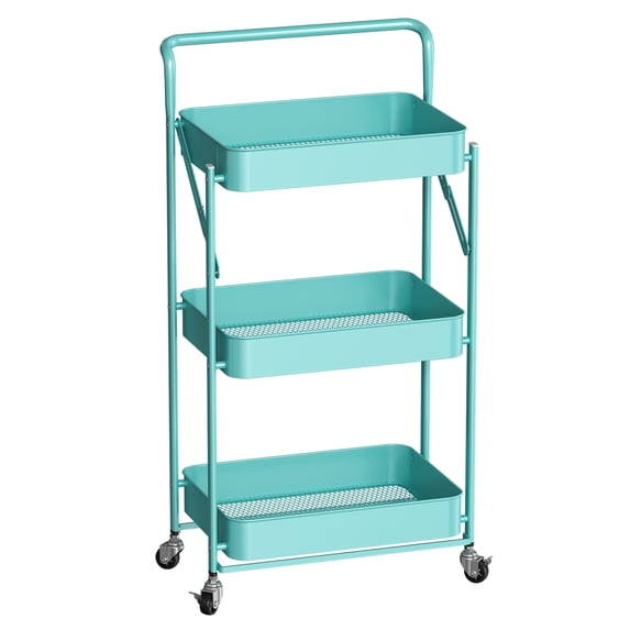 Innovaze Foldable 3 Tier Rolling Utility Cart, Rolling Metal Storage Organizer with Handle and Lockable Wheels,Black