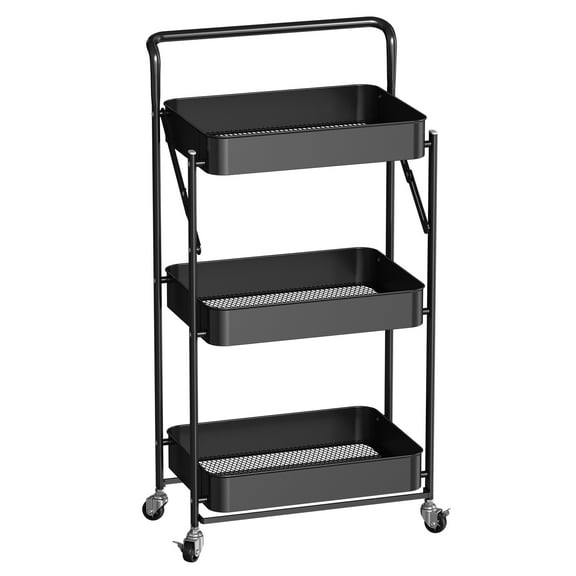 Innovaze Foldable 3 Tier Rolling Utility Cart, Rolling Metal Storage Organizer with Handle and Lockable Wheels,Black