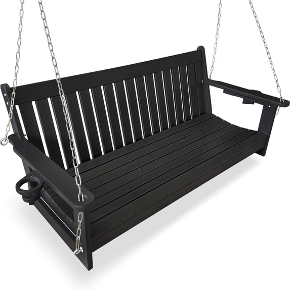 Innovaze HDPE 5-ft Porch Swing, Outdoor Bench with Cupholders, High Back, for Outdoor Patio Garden (3-Seat, Black)
