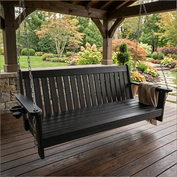 Innovaze HDPE 5-ft Porch Swing, Outdoor Bench with Cupholders, High Back, for Outdoor Patio Garden (3-Seat, Black)
