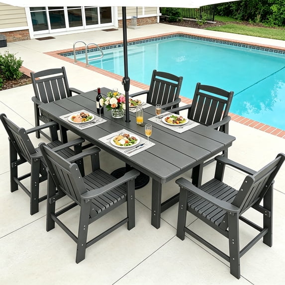 Innovaze HDPE Patio Dining Set for 6 Person, Poly Lumber Outdoor Chairs and Table with Umbrella Hole, All-Weather Heavy Duty Garden Furniture Set for Backyard, Porch, Lawn (7-piece, Gray)