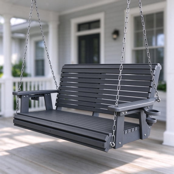 Innovaze HDPE 4 ft Porch Swing with Cup Holders, Weather-Resistant, Heavy Duty 1200Lbs Capacity, for Patio, Porch, Garden (Gray)