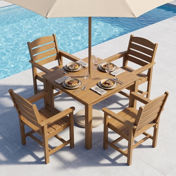 Innovaze HIPS Patio Dining Set for 4 Person, Poly Outdoor Chairs and 36.2" Table with Umbrella Hole, All Weather-Resistant (Teak Tone, 5 Piece)