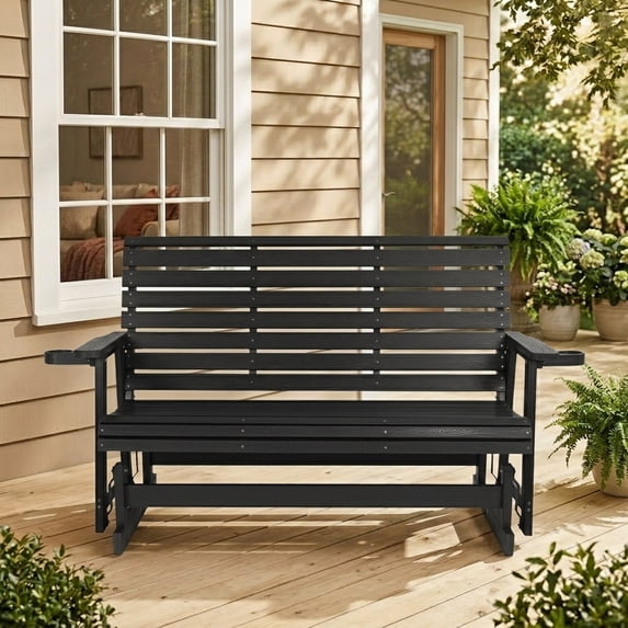 Innovaze HIPS Patio Glider Bench with Cup Holders, Durable Poly Lumber Material, All-Weather Resistant, for Outdoor, Patio (Black, 3-Seat)