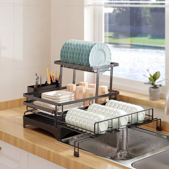Innovaze Expandable Dish Drying Rack for Kitchen Counter, 2-Tier Carbon Steel Dish Rack with Drainboard, Adjustable Length, Rust-Resistant, Large Capacity for Plates, Bowls, Cups & Utensils