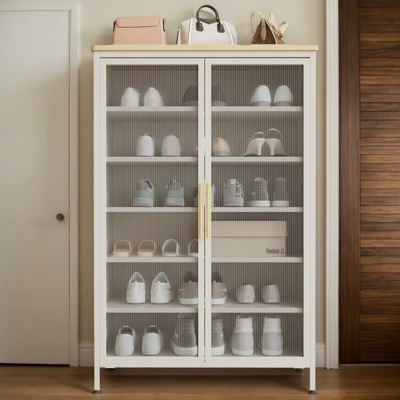 Innovaze Metal Storage Cabinet with PE Louvered Doors, 6 Adjustable Shelves, Dustproof Shoe Cabinet or Bookshelf for Entryway, Living Room, Office, White