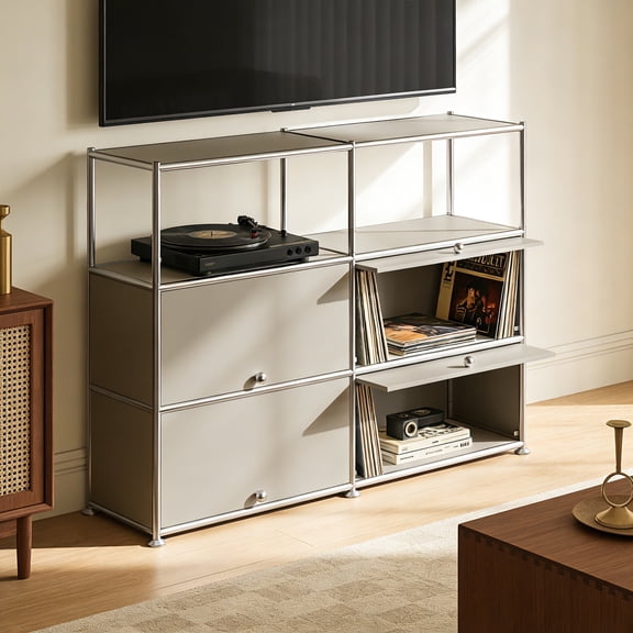 Innovaze 4-Tier Accent Cabinet with Door, Metal Storage Cabinet, Freestanding Organizer for Living Room, Entryway, Bedroom, Beige Gray