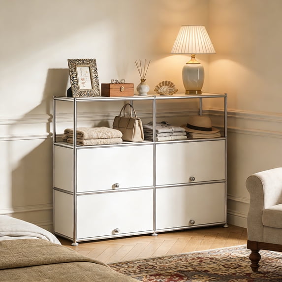 Innovaze 4-Tier Accent Cabinet with Door, Metal Storage Cabinet, Freestanding Organizer for Living Room, Entryway, Bedroom, White