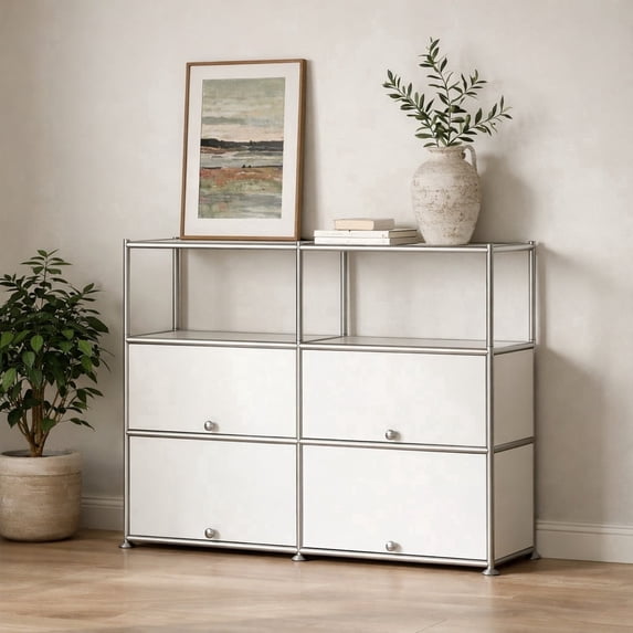 Innovaze 4-Door Modular Metal Sideboard with Open Shelf, Modern Twin-Row Grid Cabinet for Dining or Living Room, Office, White