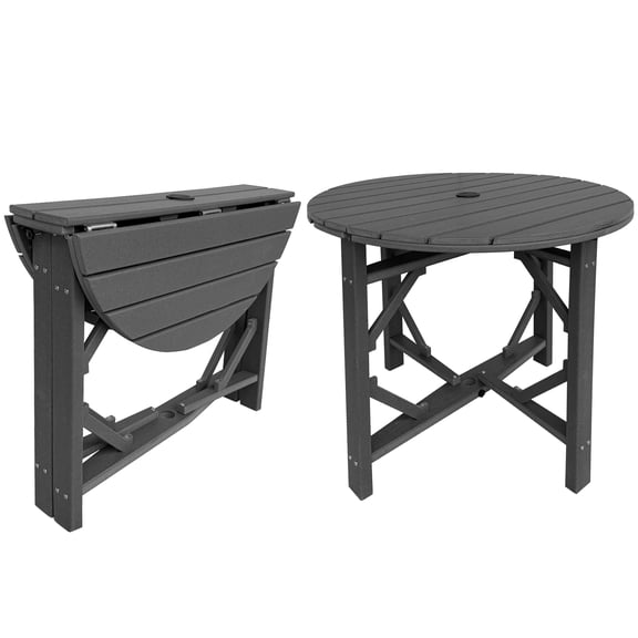Innovaze Patio Round Dining Table, Foldable Outdoor Table with Umbrella Hole, HDPE All Weather-Resistant for Garden, Backyard, Lawn (Grey, 35.4'' Table)