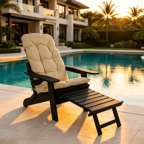 Innovaze Folding Adirondack Chair with Ottoman & Cushion, Adjustable Reclining Backrest, Cup Holders, Heavy Duty 700 LBS Capacity, All-Weather HIPS for Backyard, Deck, Porch, Poolside, Black