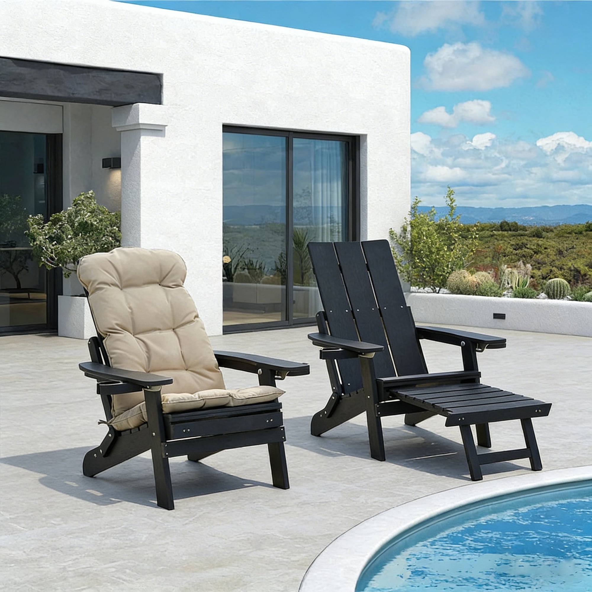 Innovaze Folding Adirondack Chair with Ottoman, 700LBS Heavy Duty Poly Lumber Outdoor Chair, Adjustable Back, Cup Holders, All Weather HIPS Patio Chair for Porch, Backyard, Pool (Black)