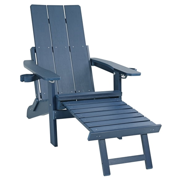 Innovaze Folding Adirondack Chair with Ottoman, 700LBS Heavy Duty Poly Lumber Outdoor Chair, Adjustable Back, Cup Holders, All Weather HIPS Patio Chair for Porch, Backyard, Pool (Navy Blue)