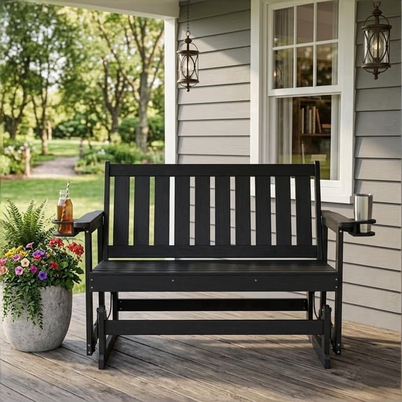 Innovaze Poly Lumber Patio Glider Bench, Durable HIPS Material, Weather-Resistant Glider Bench for Outdoor Porch Garden (Black, 2-Seater)
