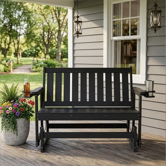 Innovaze Poly Lumber Patio Glider Bench, Durable HIPS Material, Weather-Resistant Glider Bench for Outdoor Porch Garden (Black, 2-Seater)
