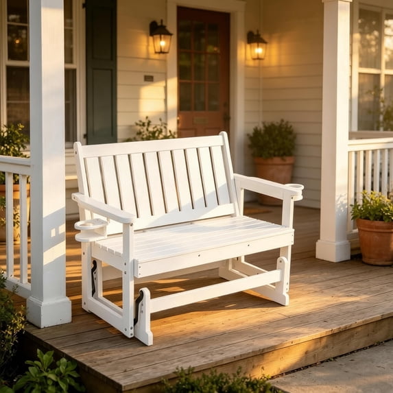 Innovaze Outdoor Glider Bench for 2 Person, HIPS Outdoor Glider, All Weather-Resistant for Porch Garden, White