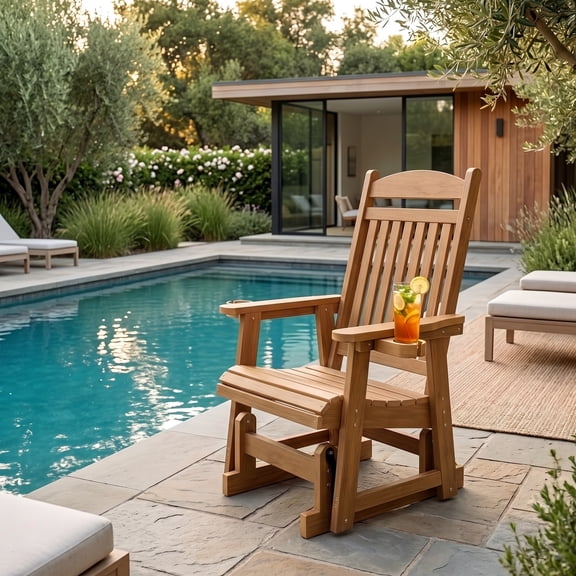 Innovaze Poly Lumber HIPS Patio Glider for One Person with Cup Holders, All-Weather Resistant, for Outdoor Porch Garden, Teak Tone