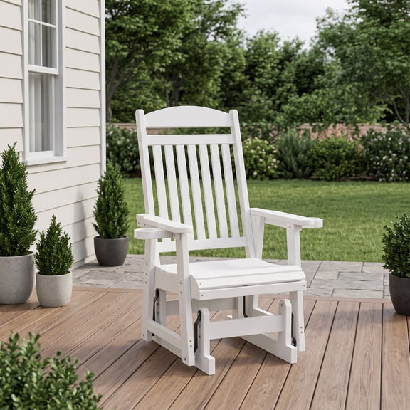 Innovaze Poly Lumber Single Patio Glider Chair with Cup Holders, Heavy Duty All-Weather Outdoor Rocker, White