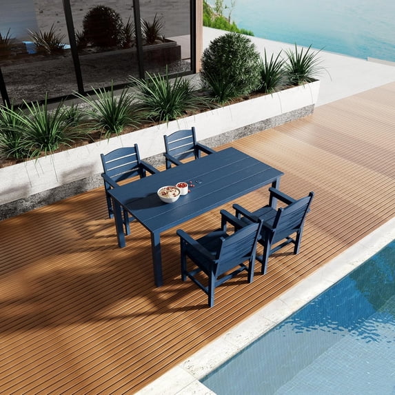Innovaze Polywood Patio Dining Set, HIPS Outdoor 70.9-Inches Dining Table and Ladder Back Chairs, with Umbrella Hole, Weather Resistant (Navy Blue, 5 Piece)