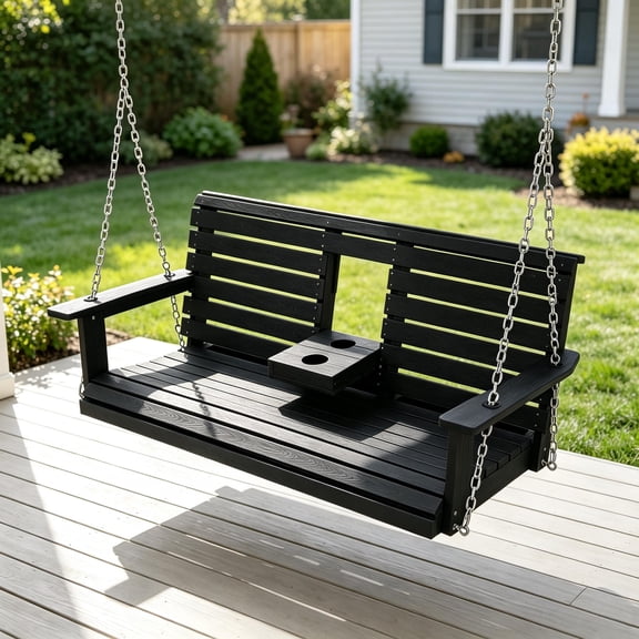 Innovaze Poly Lumber Porch Swing for 3 Person, Hanging Porch Swing with High Back & Deep Seat Comfort, Foldable Cup Holders (Carbon Black, 5 ft)