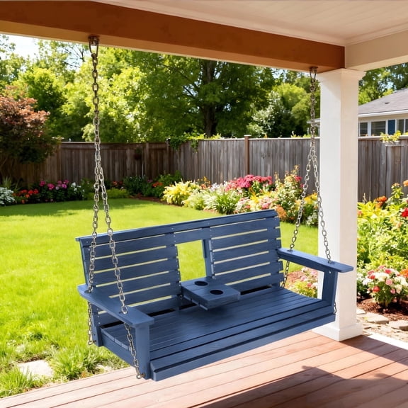 Innovaze Premium 5 ft Poly Lumber Porch Swing for 3 Person, High Back & Deep Seat Comfort, Foldable Cup Holders, Stainless Steel Hardware, Navy Blue