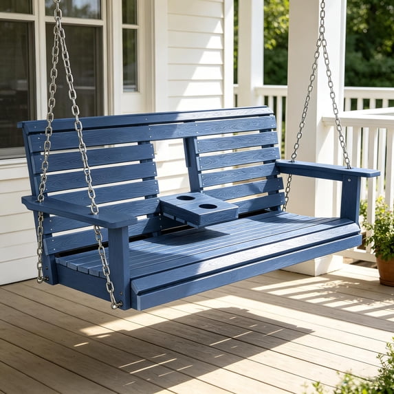 Innovaze Poly Lumber Porch Swing for 3 Person, Hanging Porch Swing with High Back & Deep Seat Comfort, Foldable Cup Holders (Navy Blue, 5 ft)