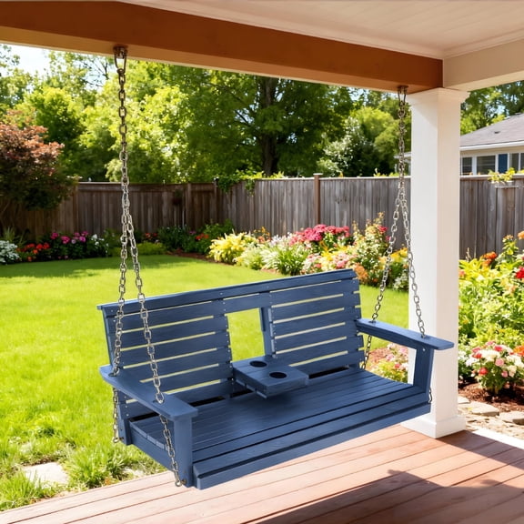 Innovaze Premium 5 ft Poly Lumber Porch Swing for 3 Person, High Back & Deep Seat Comfort, Foldable Cup Holders, Stainless Steel Hardware, Navy Blue