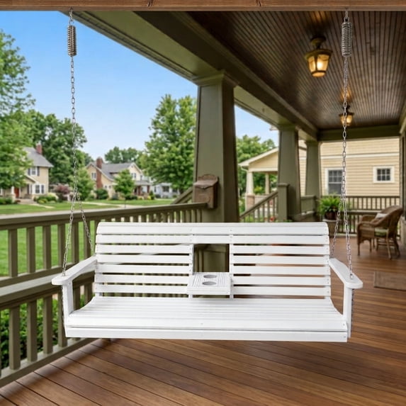 Innovaze Poly Lumber Porch Swing for 3 Person, Hanging Porch Swing with High Back & Deep Seat Comfort, Foldable Cup Holders (White, 5 ft)