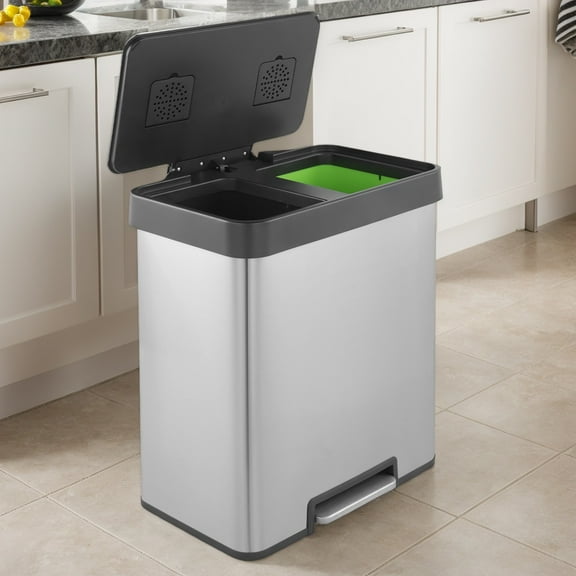 Innovaze Rectangular Stainless Steel Recycle Step-on Trash Can with Dual 20 liter + 20 liter Compartments for Kitchen