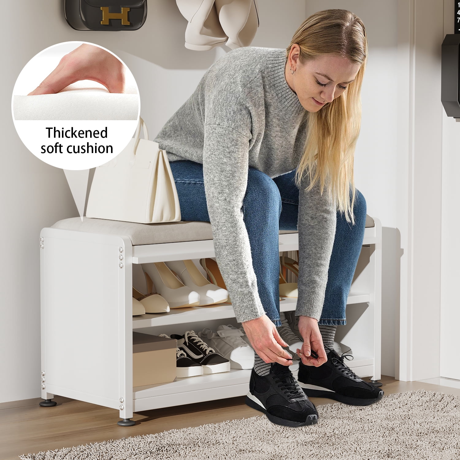 Innovaze Metal Shoe Rack bench with Cushion Seat, Shoe Cabinet for Entryway, White