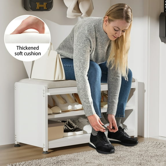Innovaze Metal Shoe Rack bench with Cushion Seat, Shoe Cabinet for Entryway, White