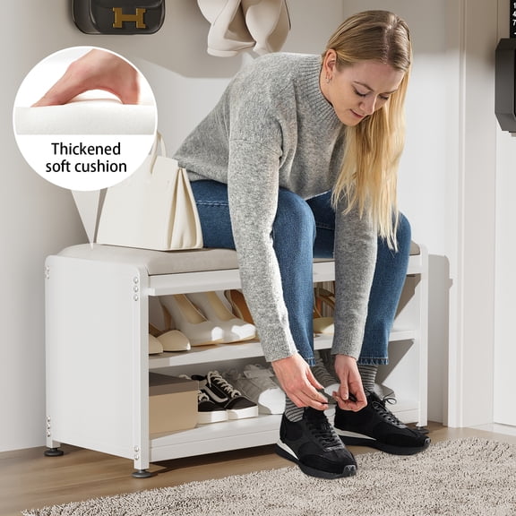 Innovaze Metal Shoe Rack bench with Cushion Seat, Shoe Cabinet for Entryway, White