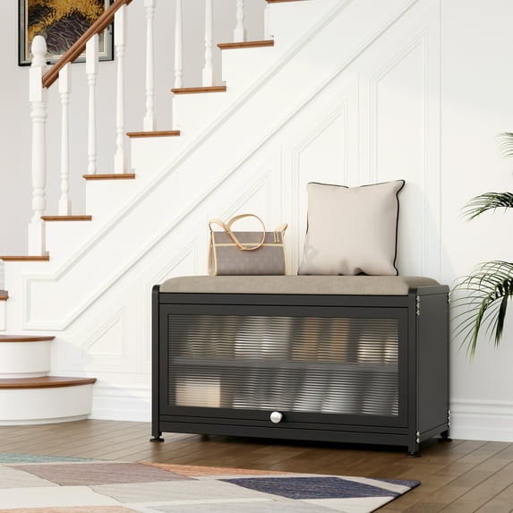Innovaze Shoe Rack bench with Cushion Seat, Shoe Cabinet for Entryway, Metal, Black