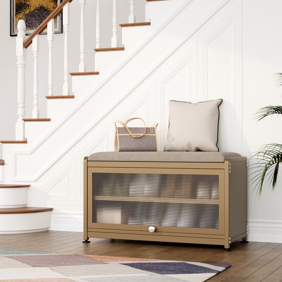 Innovaze Shoe Rack bench with Cushion Seat,Shoe Cabinet for Entryway, Metal, Yellow